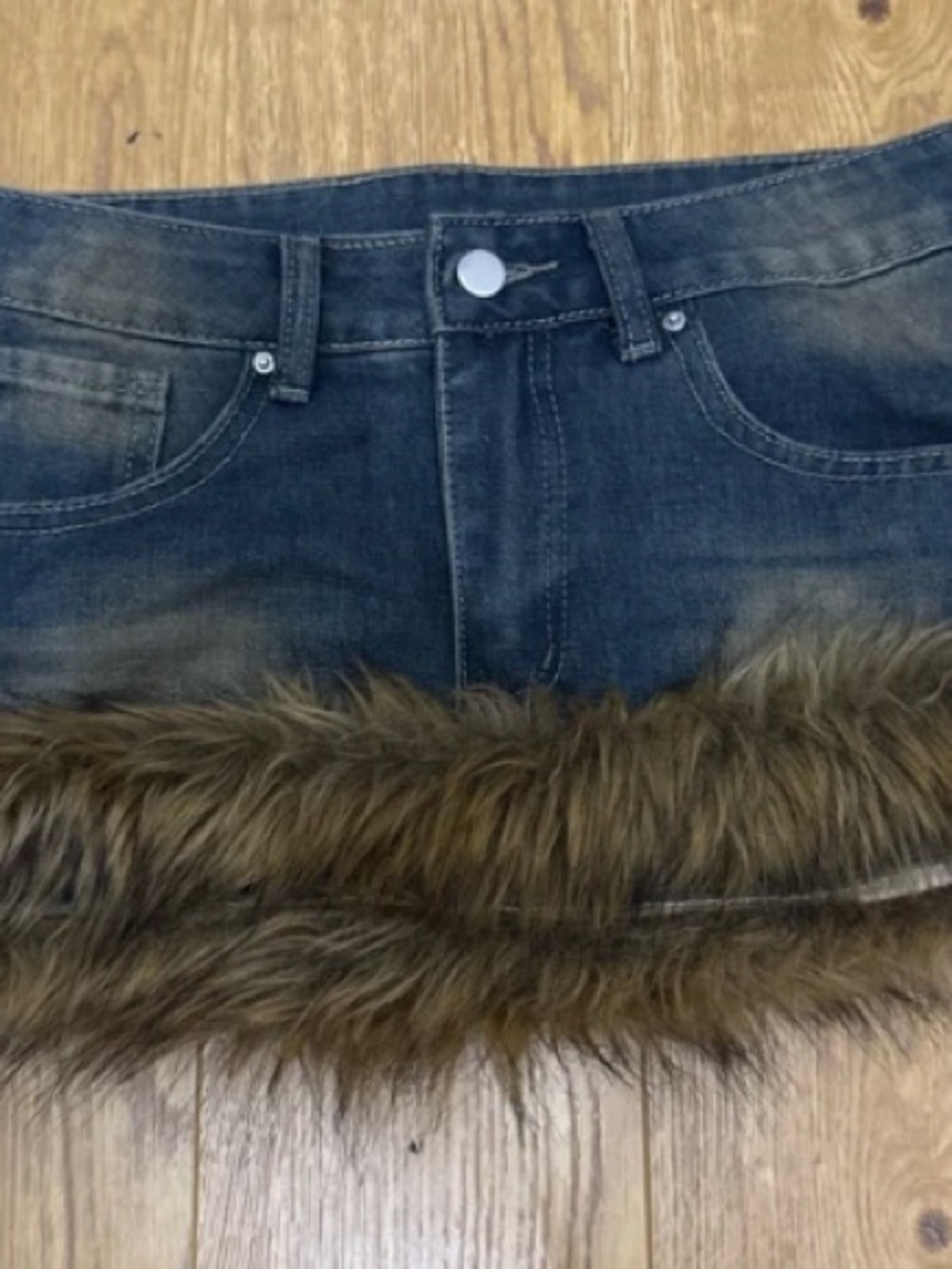 Y2K Dark Wash Denim Faux Fur Trimmed Micro Mini Skirt